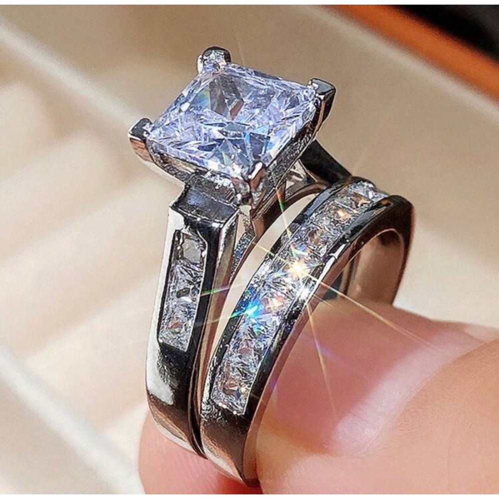 Princess Cut Bridal Ring Set Silver Tone Engagement Wedding Band Set - Picture 4 of 5